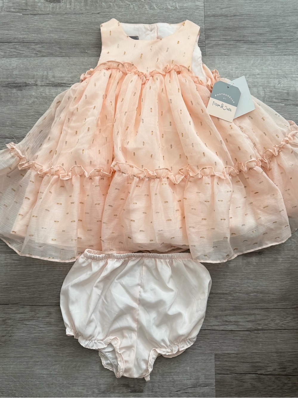 Pastourelle by Pippa & Julie 2pc Peach Ruffled Baby Dress with Bloomers 12M NWT
